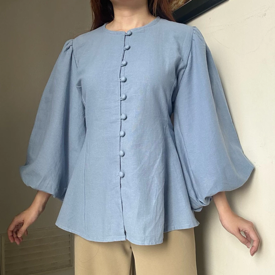 Astrid Top Atasan kemeja blouse wanita kerja linen tangan balon panjang korean style - Gambar 3
